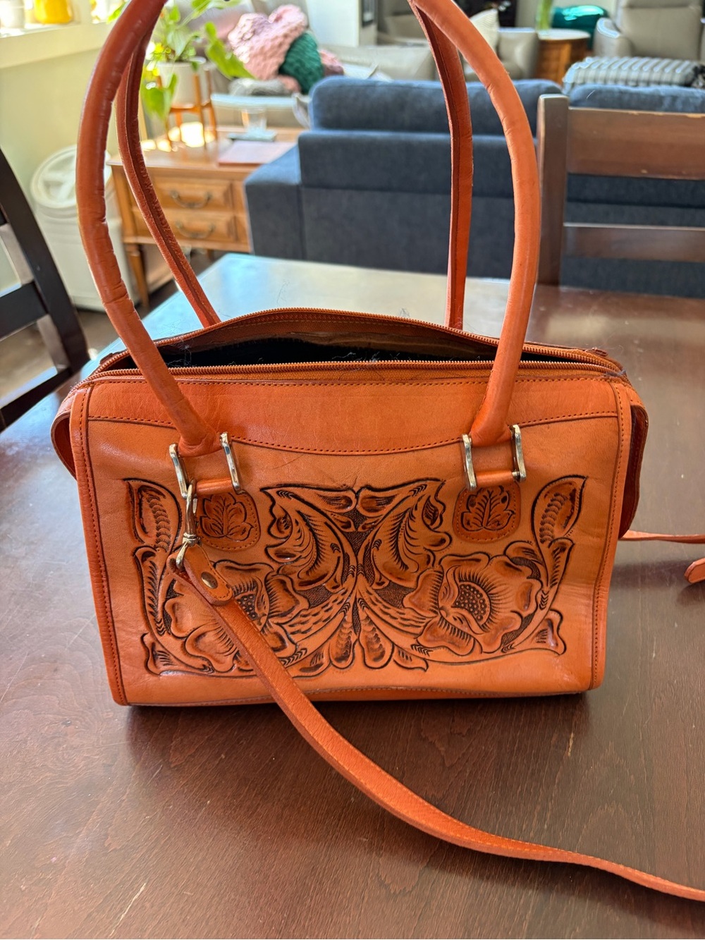 Hand-Tooled Leather Satchel Bag in Cognac